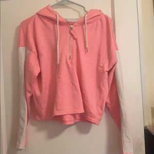pink & white half zipped crop hoodie